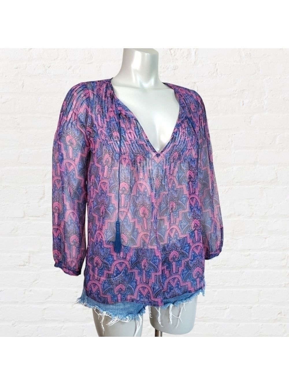 joie Bohemian Sheer Paisley Print Silk Pop Over Blouse Size XXS